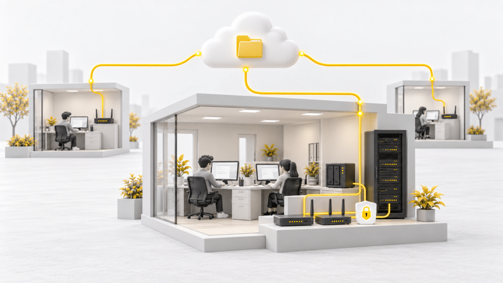 ภาพจำลองสำนักงานใหญ่และสองสาขาเชื่อมต่อกับ Cloud และ Server ผ่านอุปกรณ์เครือข่าย