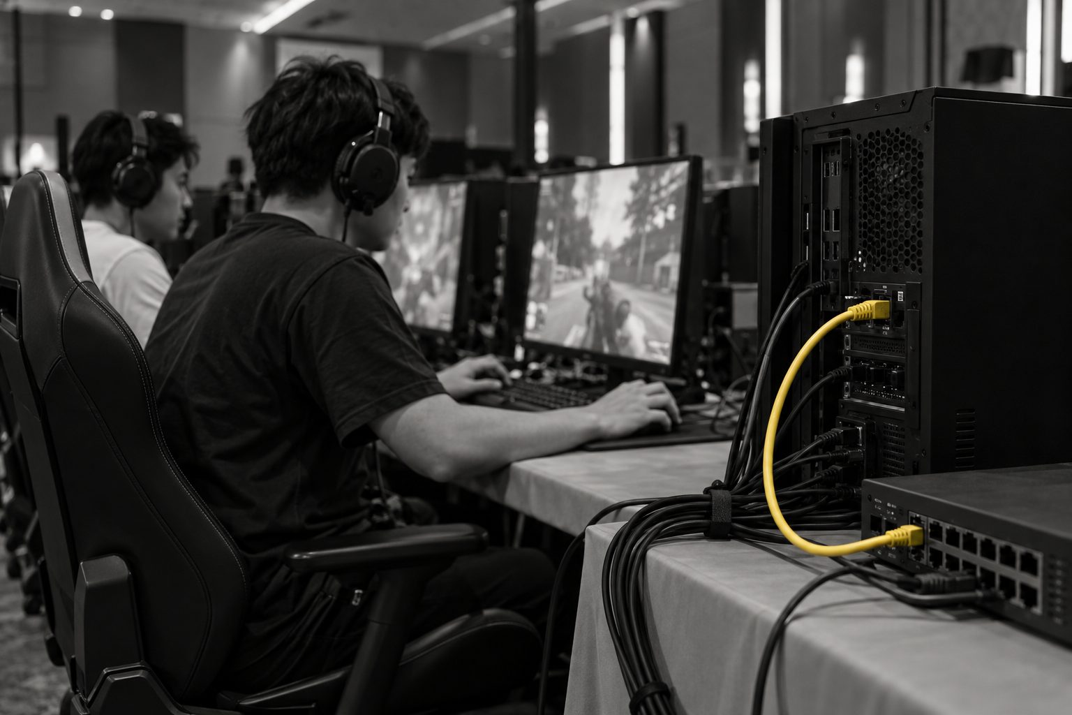 ภาพประกอบผู้เล่น eSports เชื่อมต่อคอมพิวเตอร์กับสาย LAN ในสถานที่จัดงาน